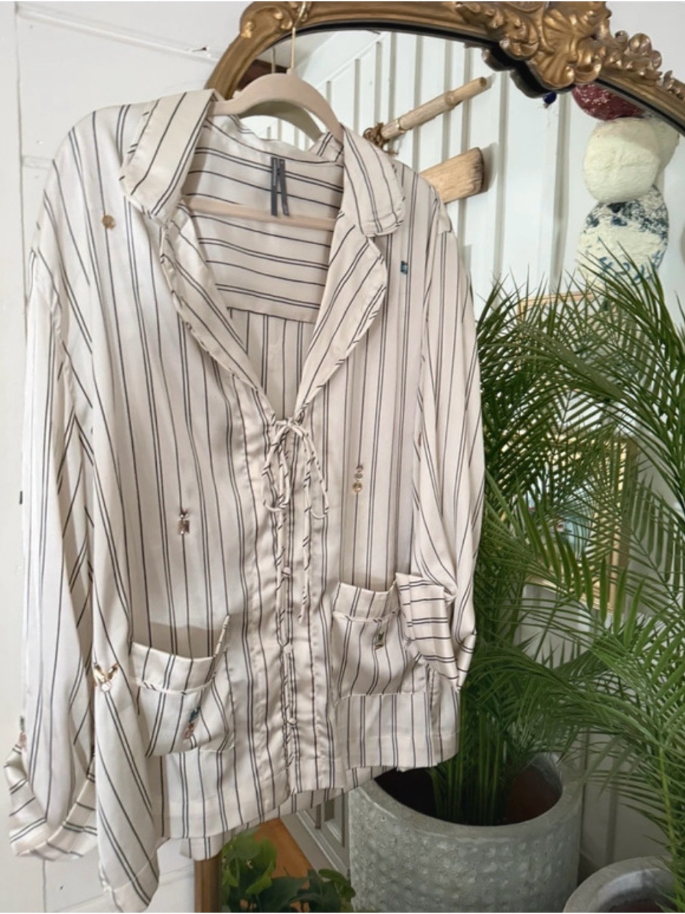Anthropologie Cream and Black Striped Tie-Front Blouse